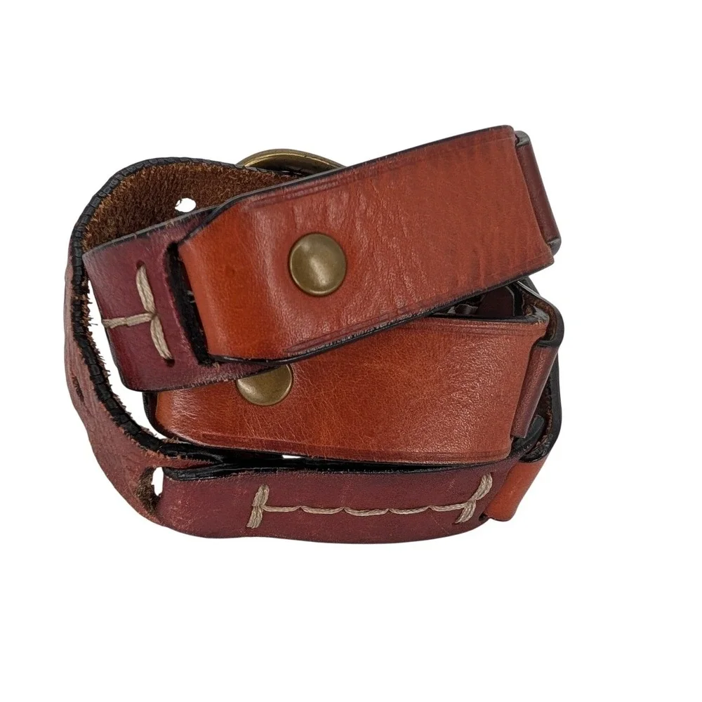 VTG Fossil Leather Belt Women M Brown Patchwork Suede Stitch Brass Buckle Boho
